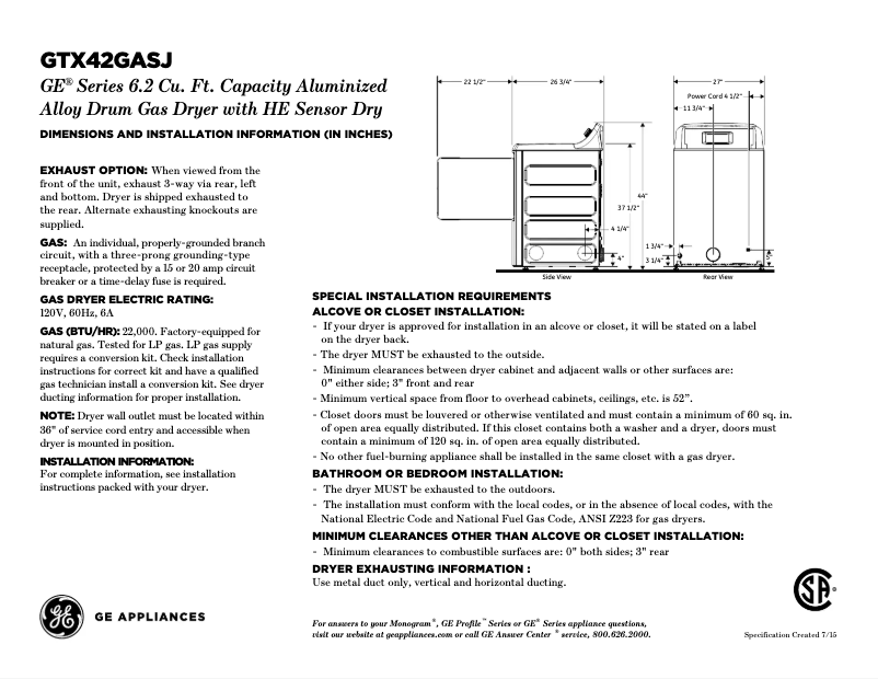 Page 1 de la notice Fiche technique GE GTX42GASJWW
