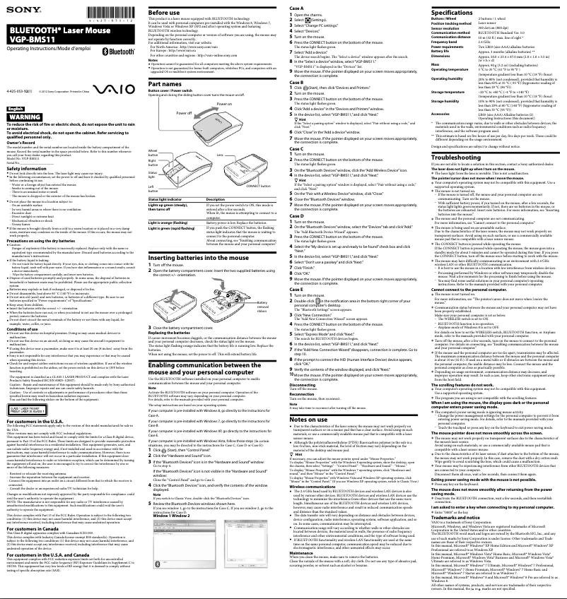 Image de la première page du manuel de l'appareil VGP-BMS11