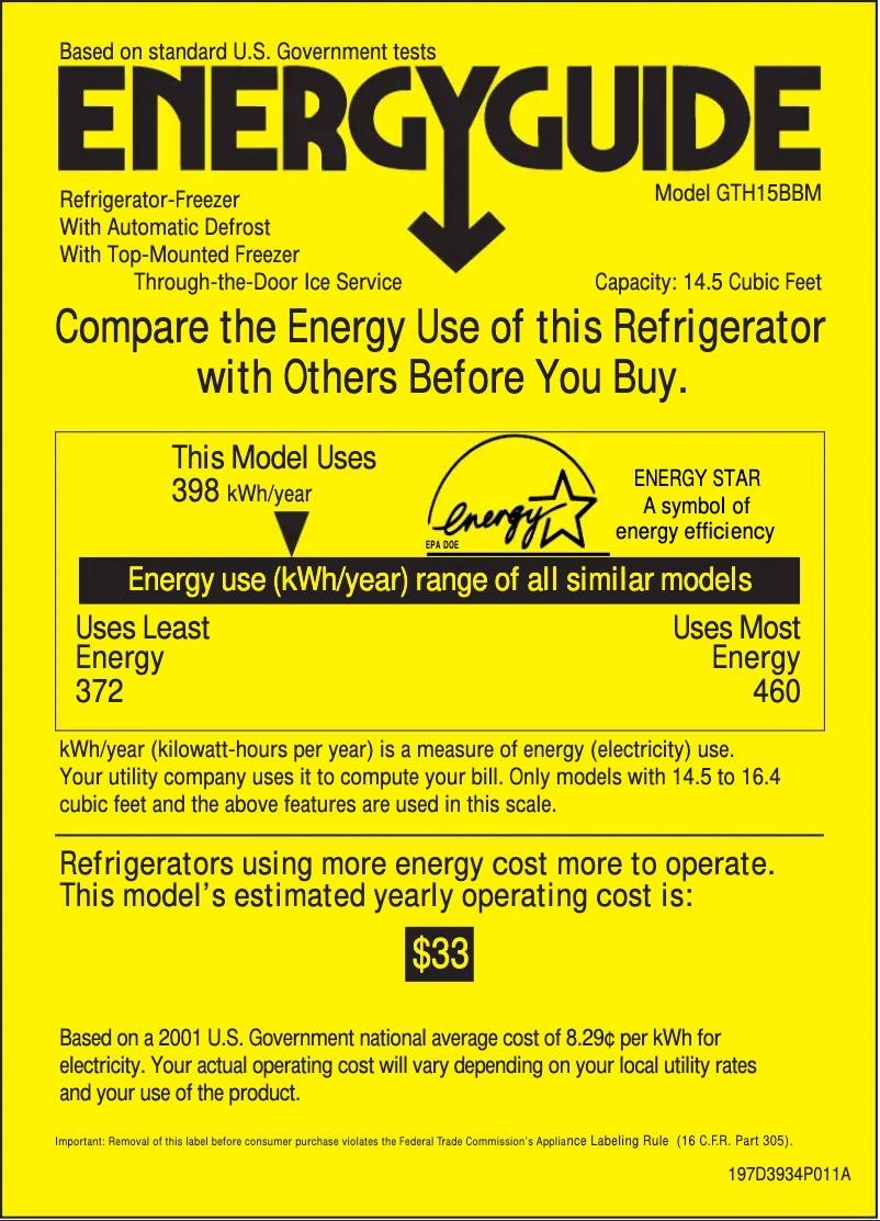 Page 1 de la notice Label énergétique GE GTH15BBMRWW