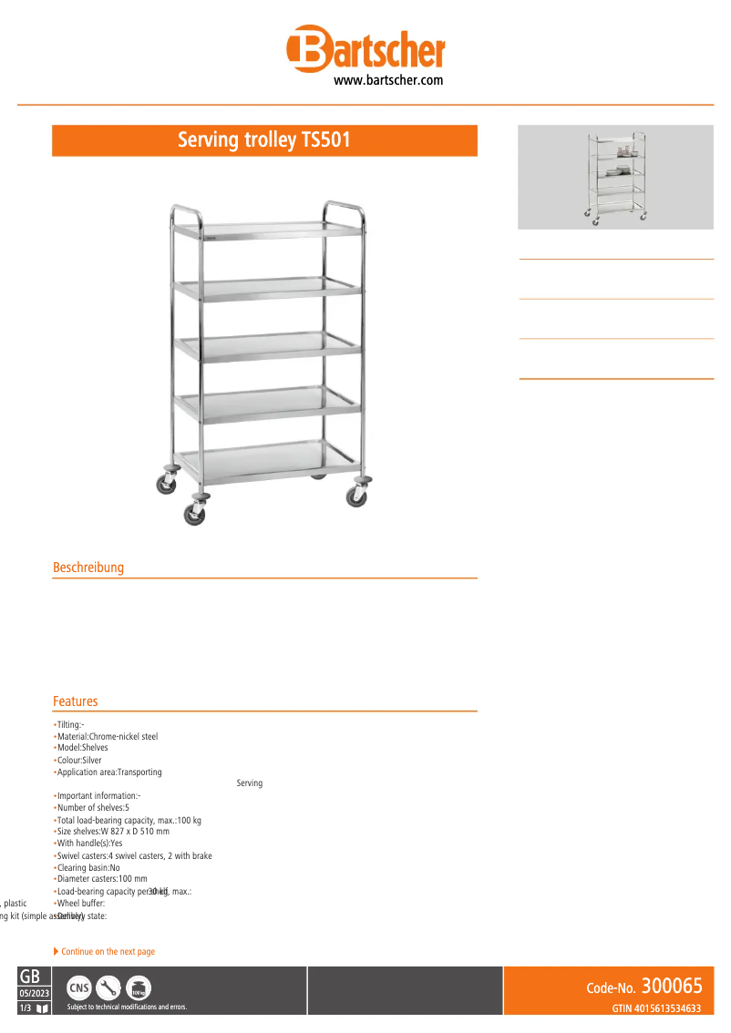 Page n°1 - Fiche technique Bartscher TS501