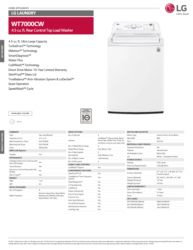 Page 1 de la notice Fiche technique LG WT7000CW