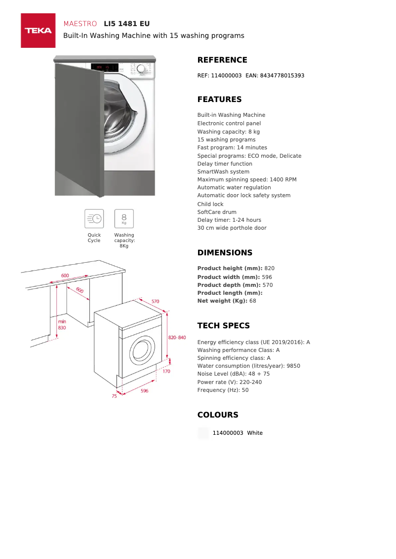 Page 1 de la notice Fiche technique Teka LI5 1481