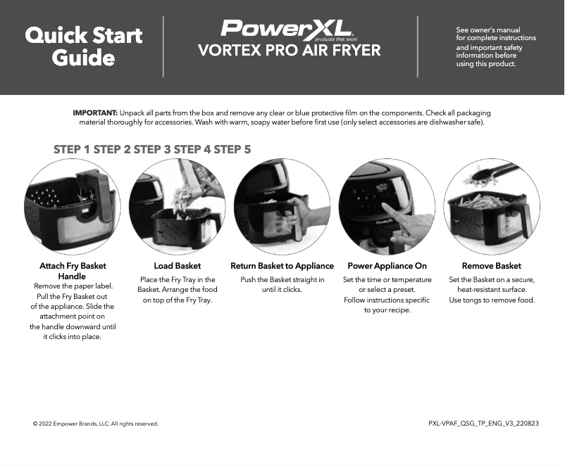 Page 1 de la notice Guide de démarrage rapide PowerXL Vortex Pro Air Fryer AF-E4001-A