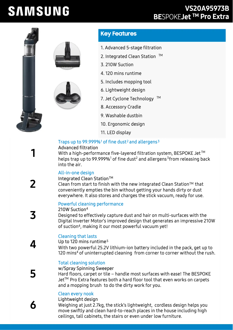 Page 1 de la notice Fiche technique Samsung VS20A95973B