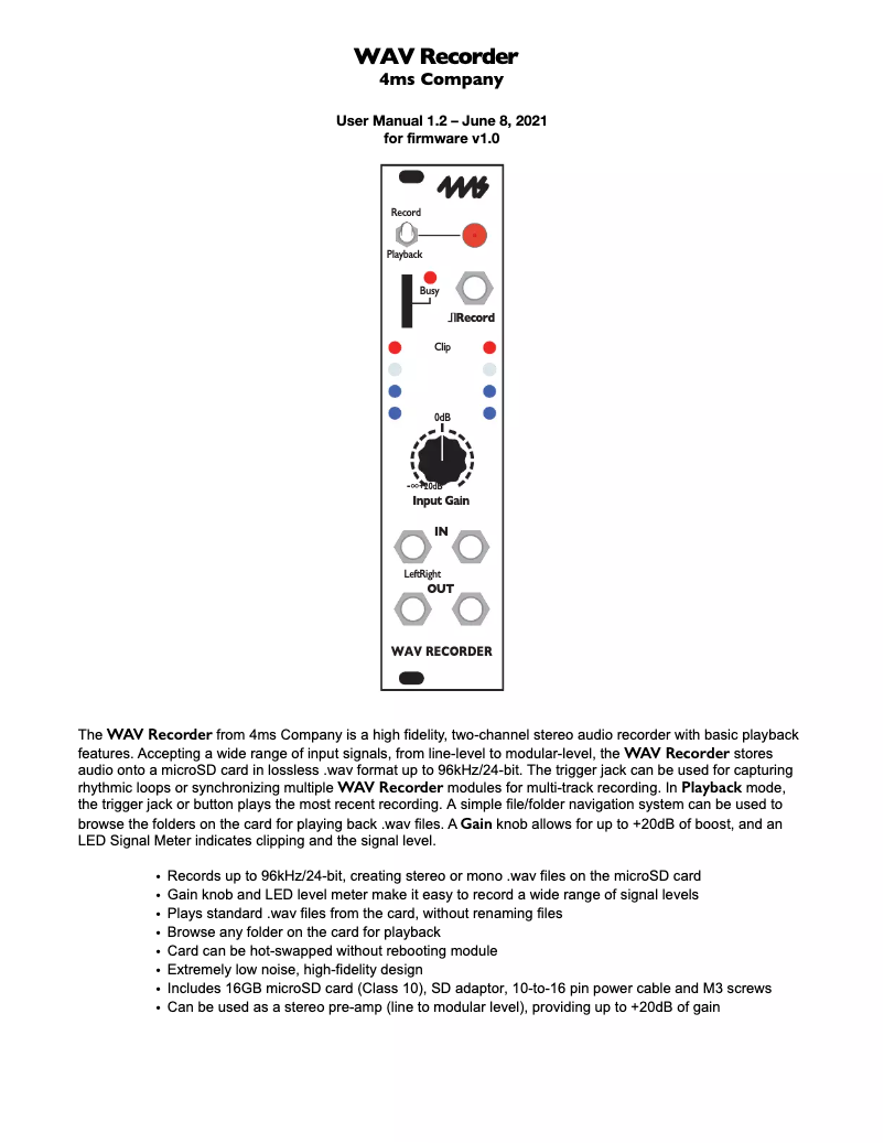 Page 1 de la notice Manuel utilisateur 4ms WAV Recorder