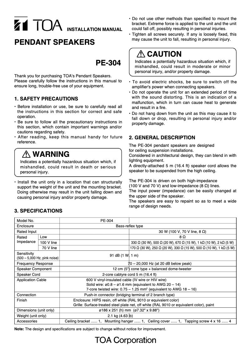 Page 1 de la notice Manuel utilisateur TOA PE-604