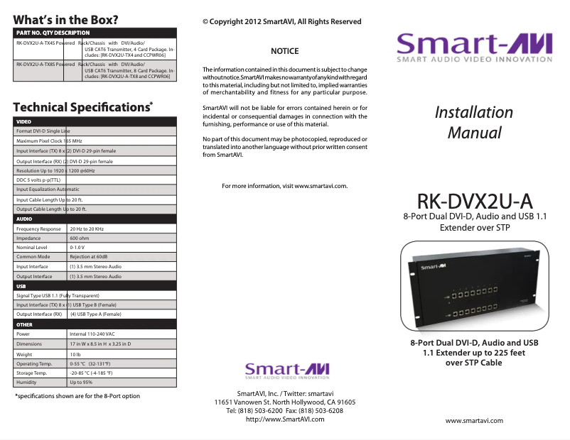 Page 1 de la notice Manuel utilisateur Smart-AVI RK-DVX2U-A