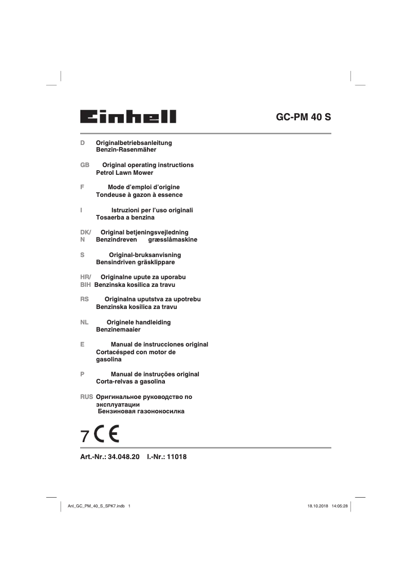 Page 1 de la notice Manuel utilisateur Einhell GC-PM 40 S