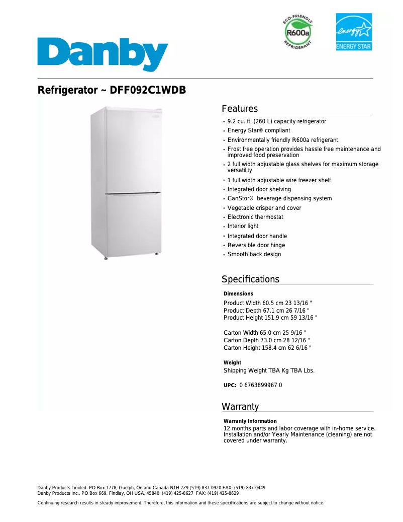Página 1 del manual Ficha técnica Danby DFF092C1WDB