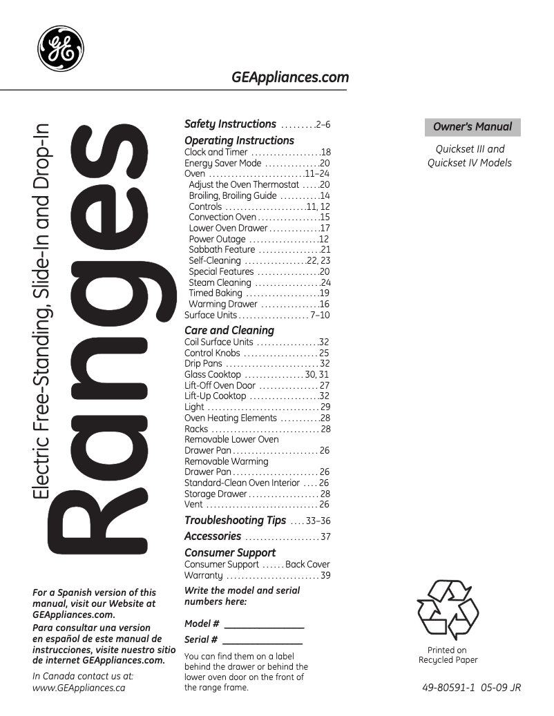 Page 1 of the manual Use and Maintenance Manual GE JDP39DNCC