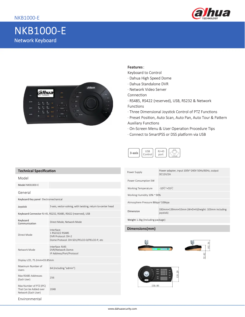 Page 1 de la notice Fiche technique Dahua Technology NKB1000-E