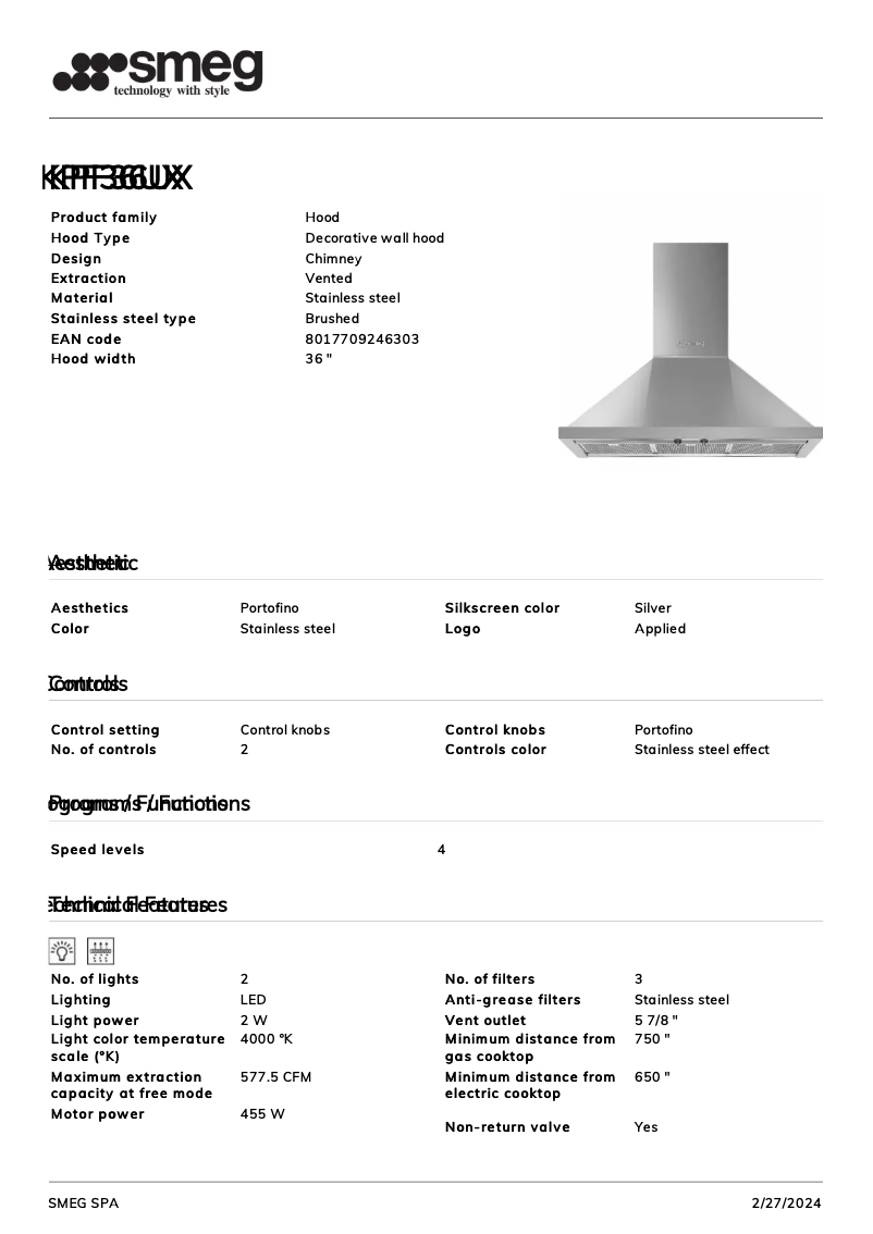 Page 1 de la notice Fiche technique Smeg KPF36UX