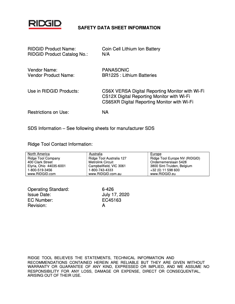 Página 1 del manual Ficha técnica Ridgid SeeSnake CS6x VERSA