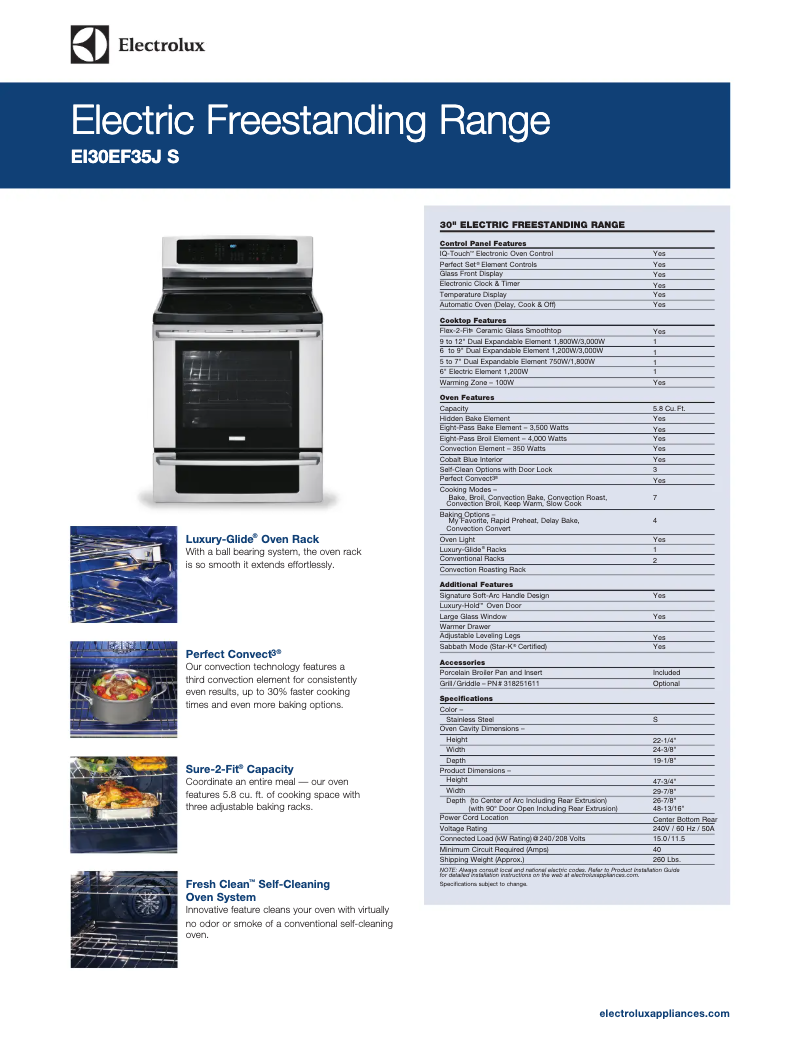 Page 1 de la notice Fiche technique Electrolux EI30EF35JW
