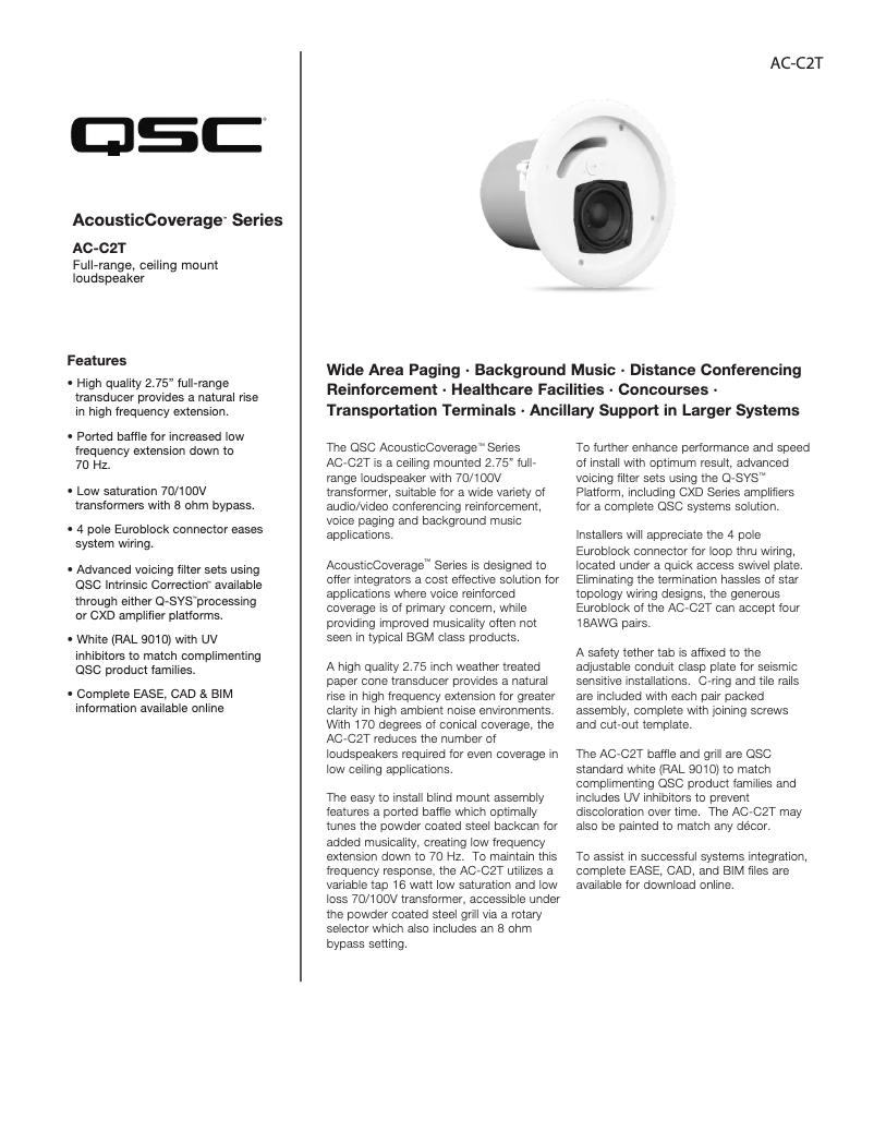 Page 1 de la notice Fiche technique QSC AC-C2T