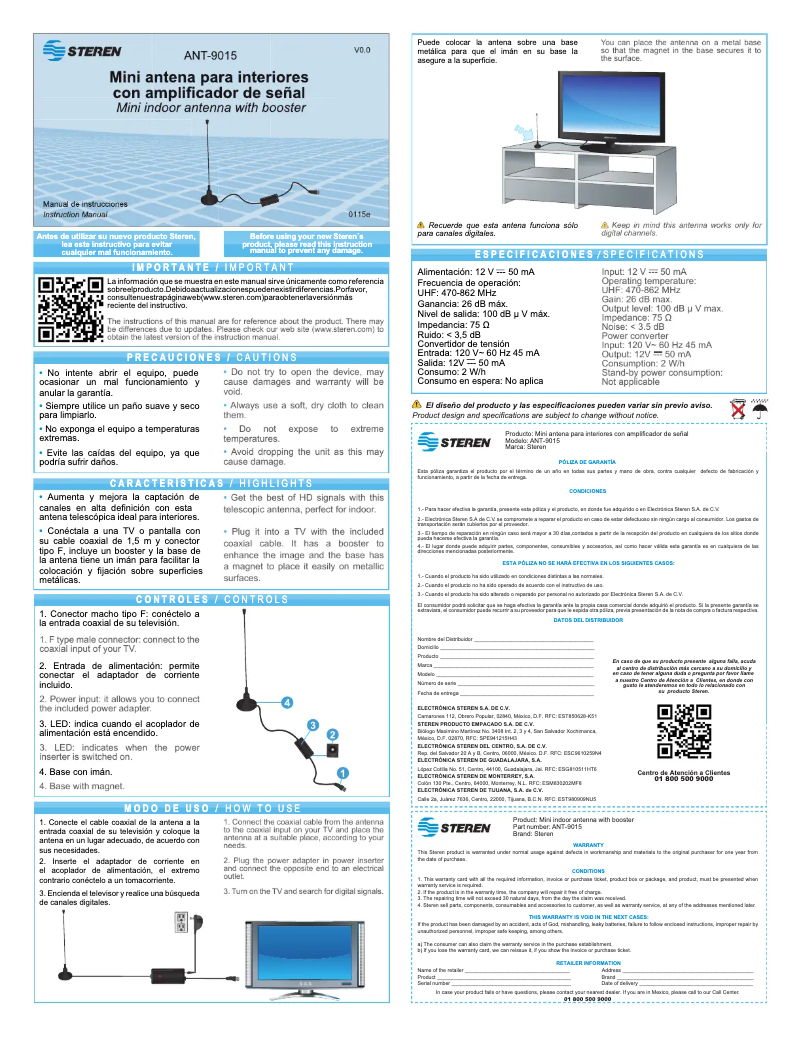 Page n°1 - Manuel utilisateur Steren ANT-9015