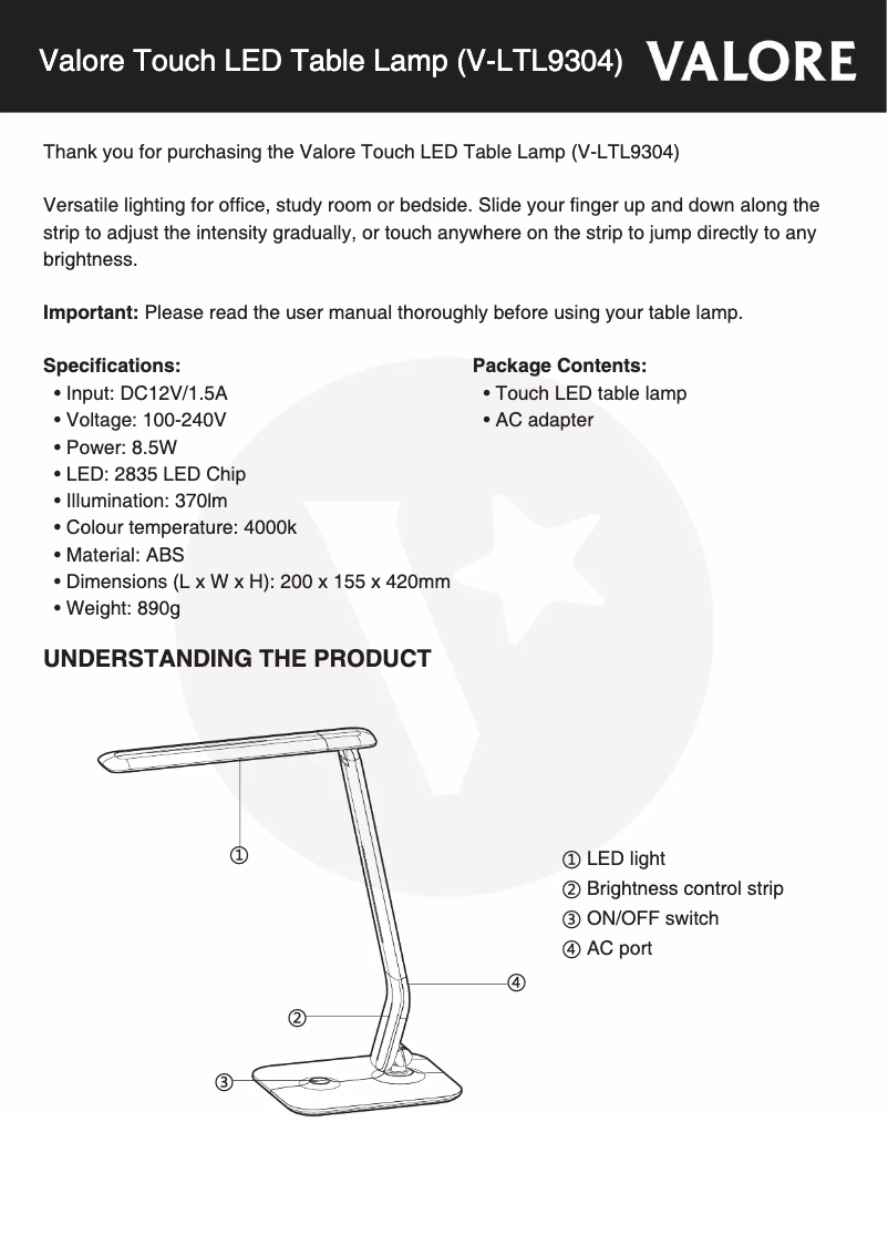 Page 1 de la notice Manuel utilisateur Valore V-LTL9304