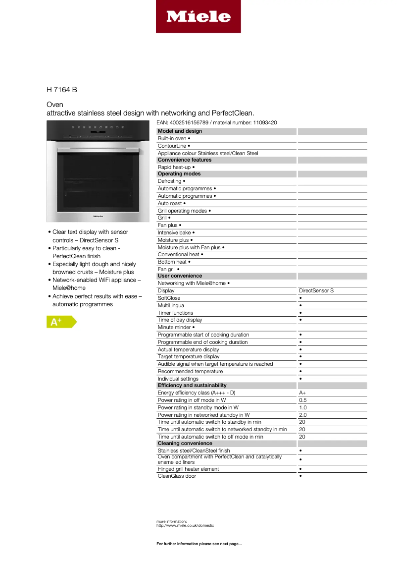 Page 1 de la notice Fiche technique Miele H 7164 B