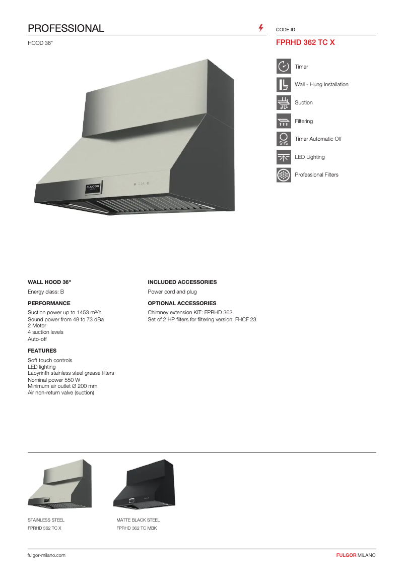 Page 1 de la notice Fiche technique Fulgor Milano FPRHD 362 TC X
