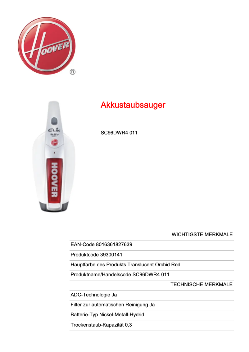 Page 1 de la notice Fiche technique Hoover Clik