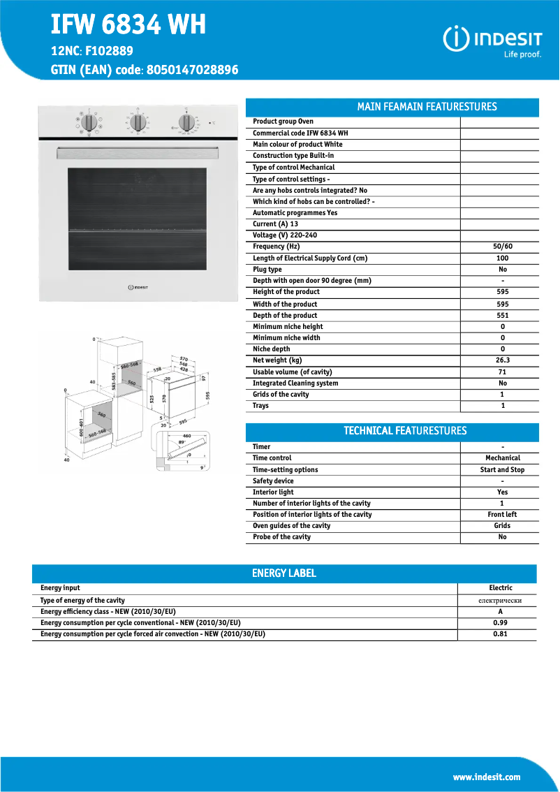 Page 1 de la notice Fiche technique Indesit IFW 6834 WH