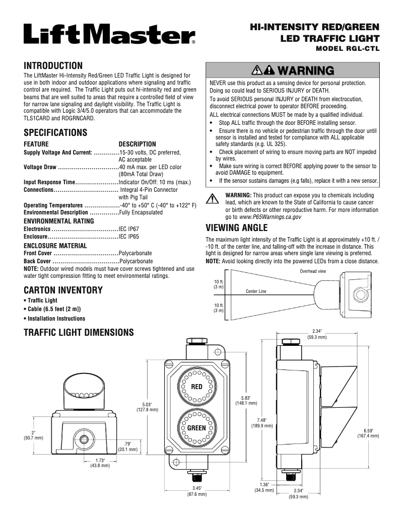 Page 1 de la notice Manuel utilisateur LiftMaster RGL-CTL