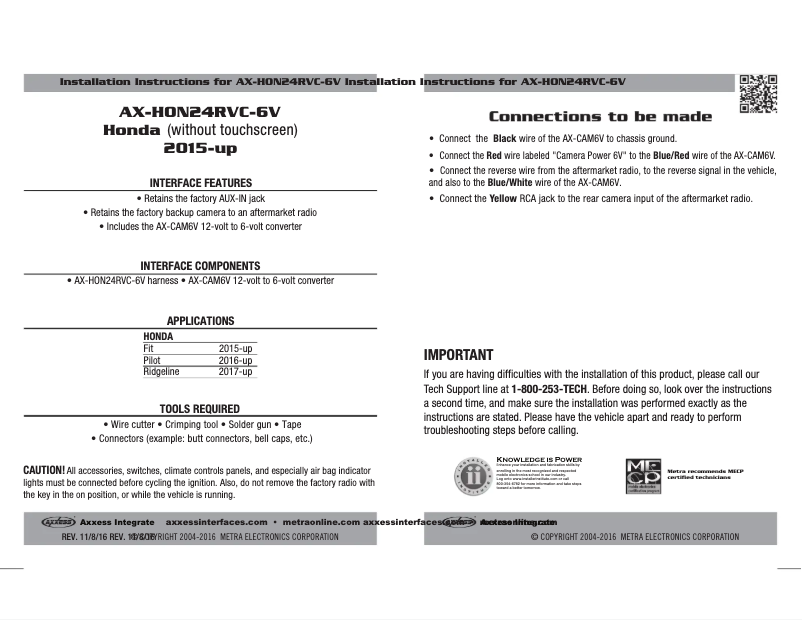 Page n°1 - Manuel utilisateur Metra Axxess AX-HON24RVC-6V
