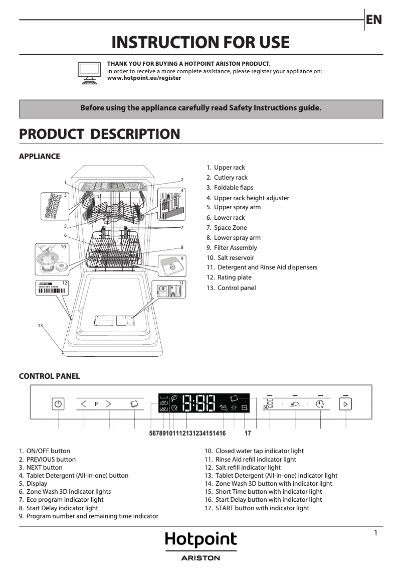 Page 1 de la notice Manuel utilisateur Hotpoint HSIP 4O21 WFE