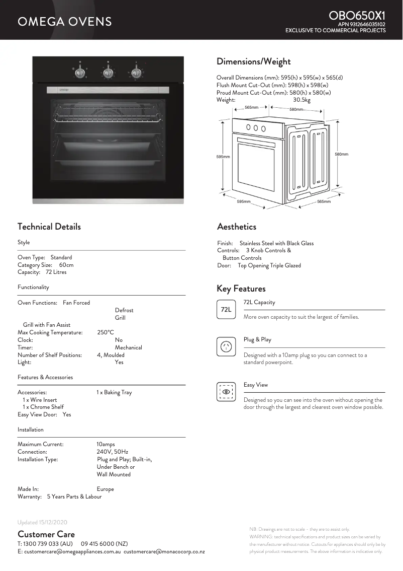 Page 1 de la notice Fiche technique Omega OBO650X1