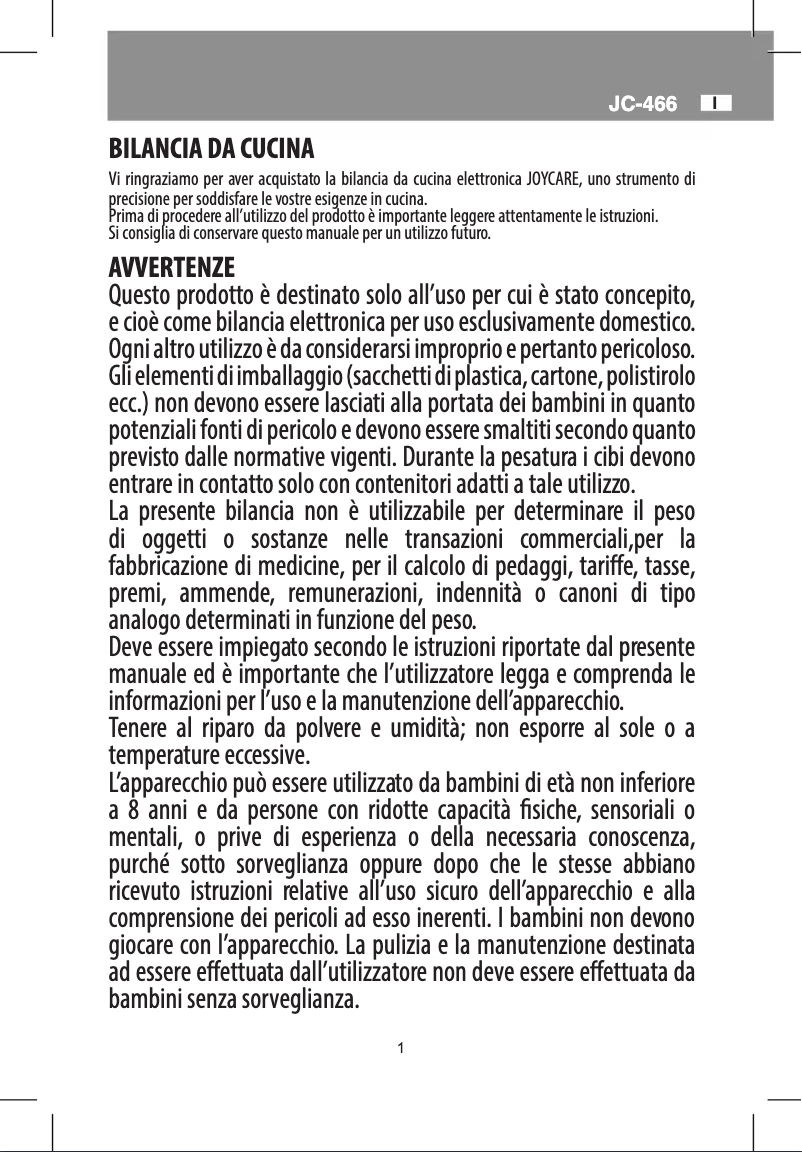 Page 1 de la notice Manuel utilisateur Joycare JC-466