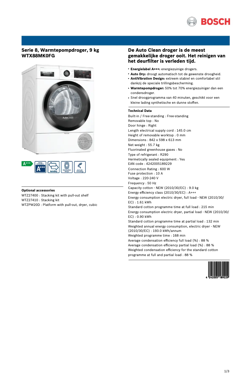 Page 1 de la notice Fiche technique Bosch WTX88MK0FG