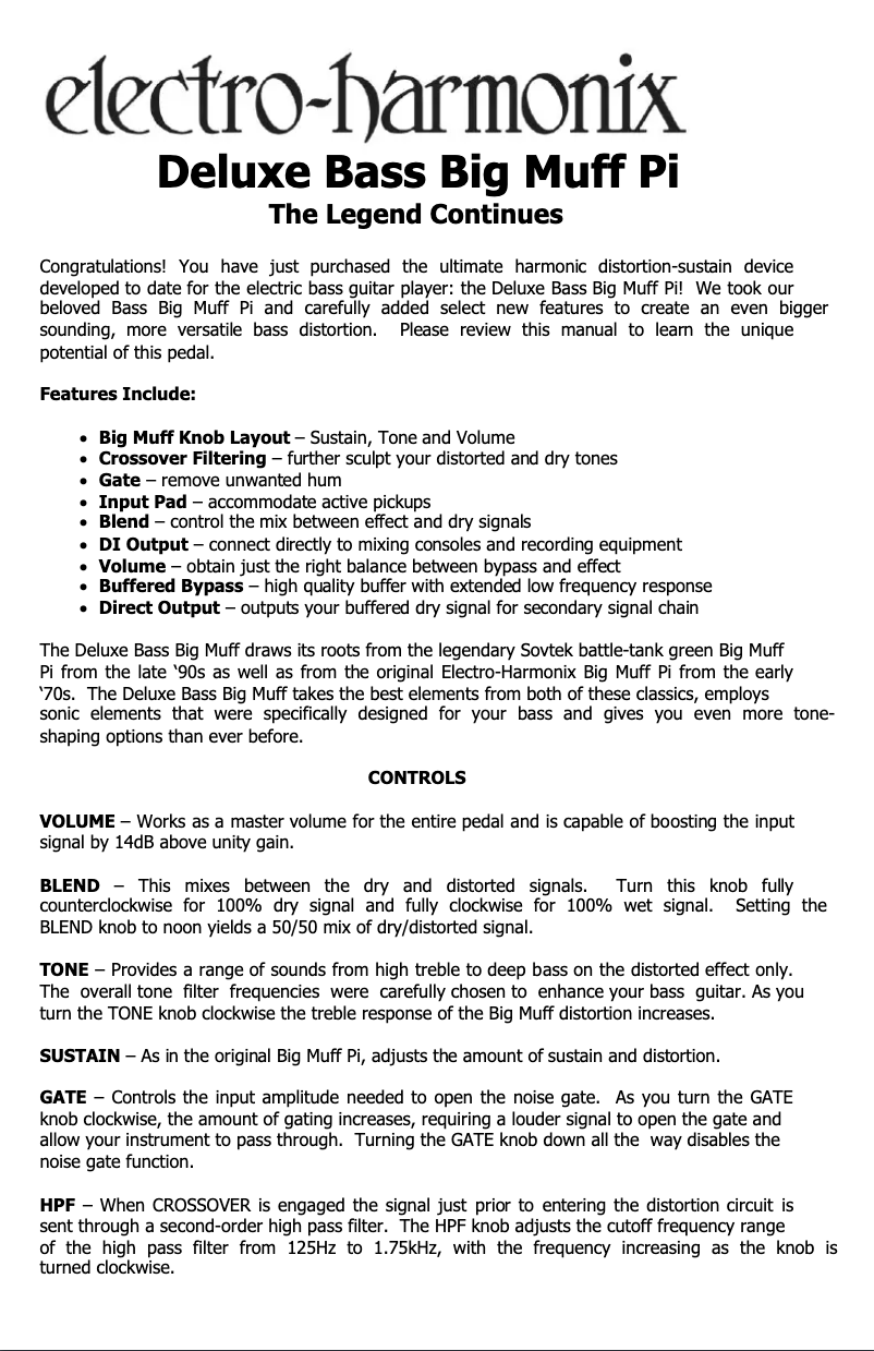 Page 1 de la notice Manuel utilisateur Electro Harmonix Deluxe Bass Big Muff Pi
