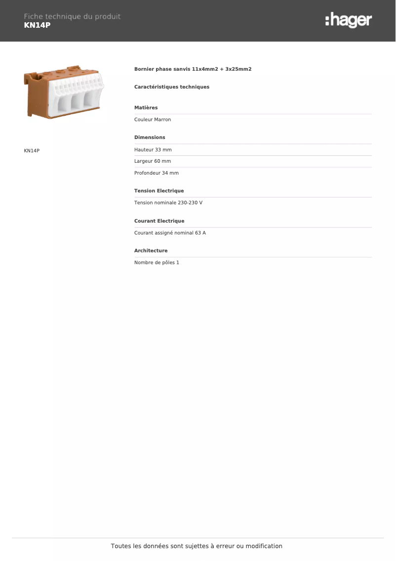 Page 1 de la notice Fiche technique Hager KN14P