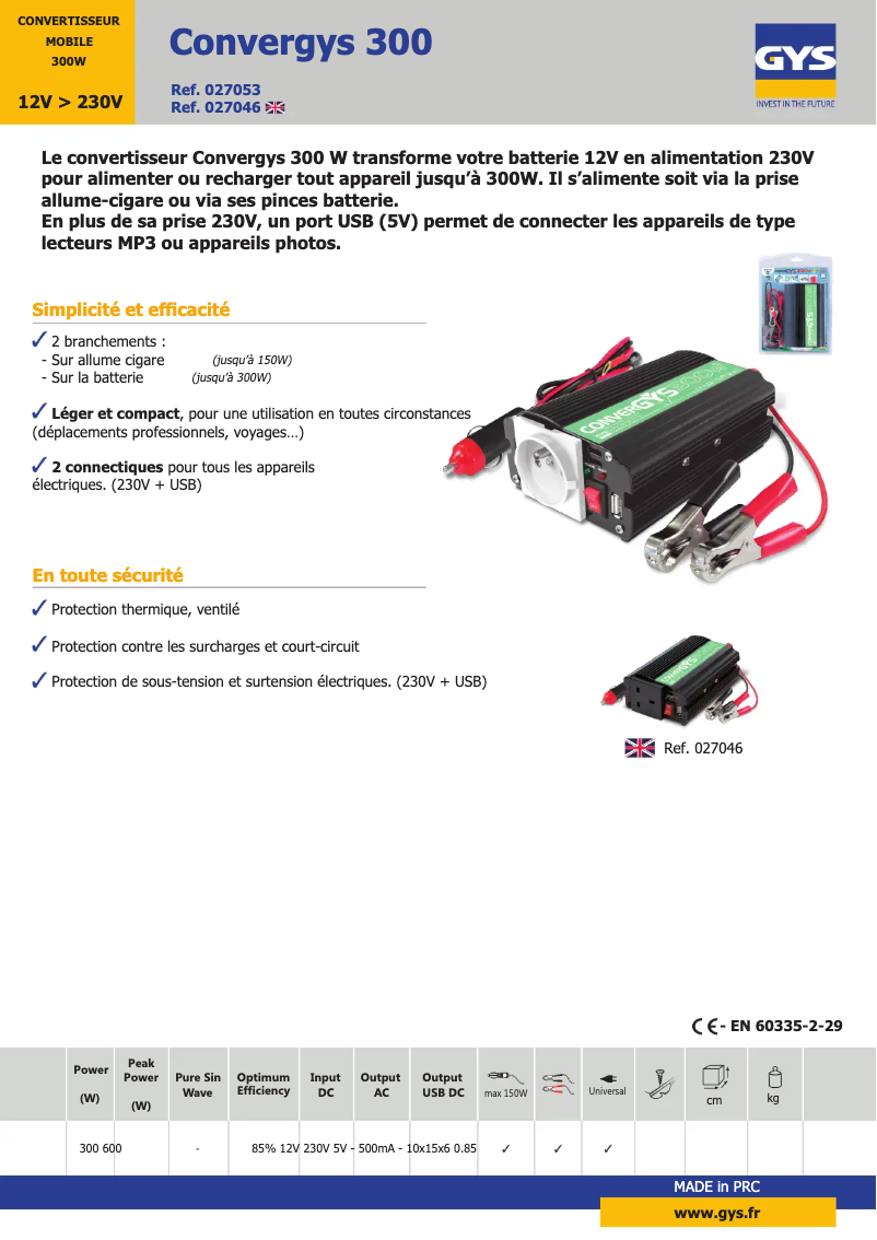 Page n°1 - Fiche technique GYS Convergys 300
