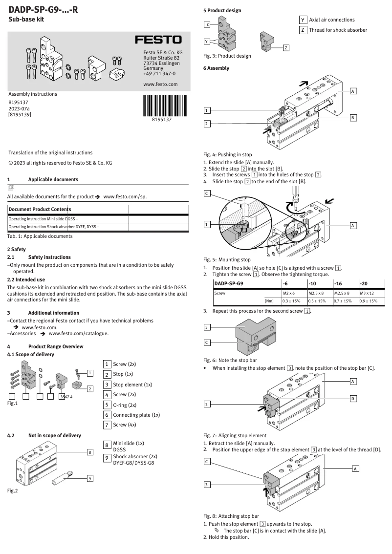 Page 1 de la notice Manuel utilisateur Festo DADP-SP-G9-20-R