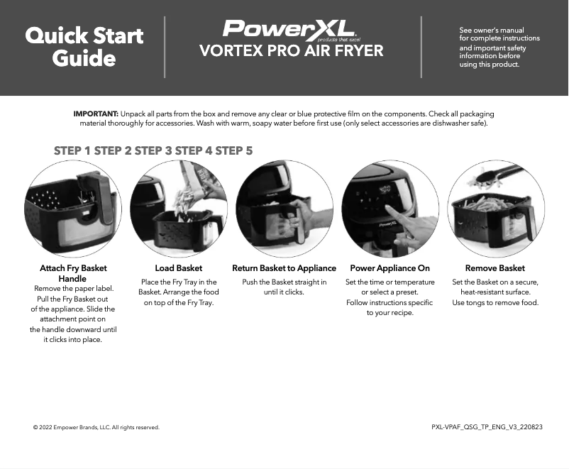 Page 1 de la notice Guide de démarrage rapide PowerXL Vortex Pro Air Fryer AF-E6001-CA