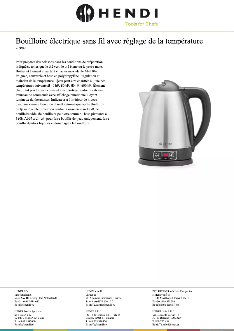 Page 1 de la notice Fiche technique Hendi 209943