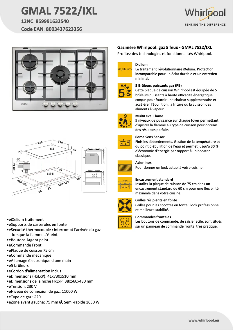 Página 1 del manual Ficha técnica Whirlpool GMAL 7522/IXL