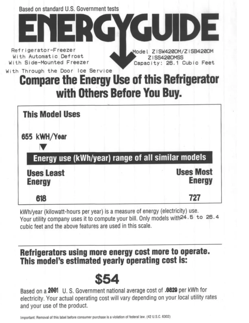 Page 1 de la notice Label énergétique GE ZISS420DMSS