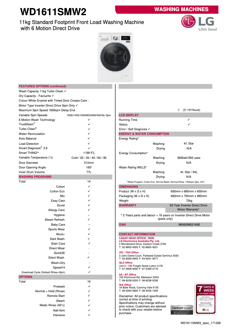 Page 1 de la notice Fiche technique LG WD1611SMW2