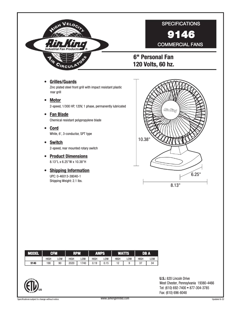 Page 1 de la notice Fiche technique Air King 9146