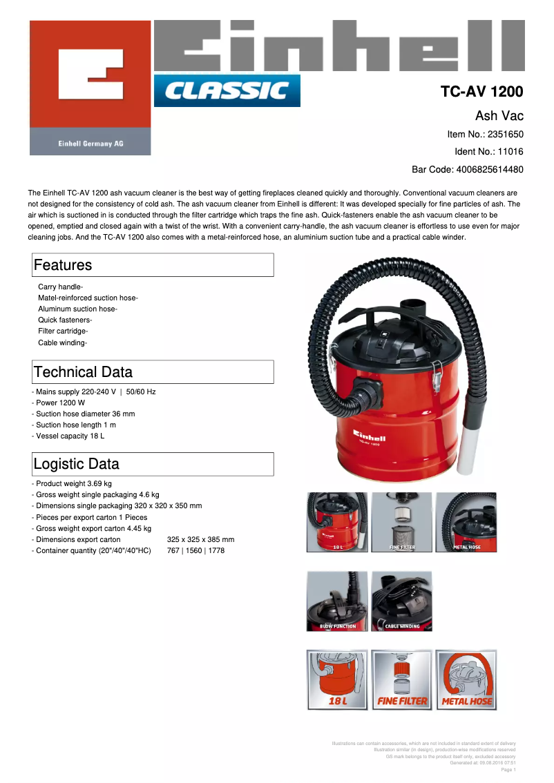 Page n°1 - Fiche technique Einhell TC-AV 1200
