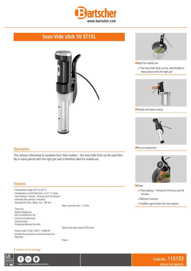 Página 1 del manual Ficha técnica Bartscher SV ST15L