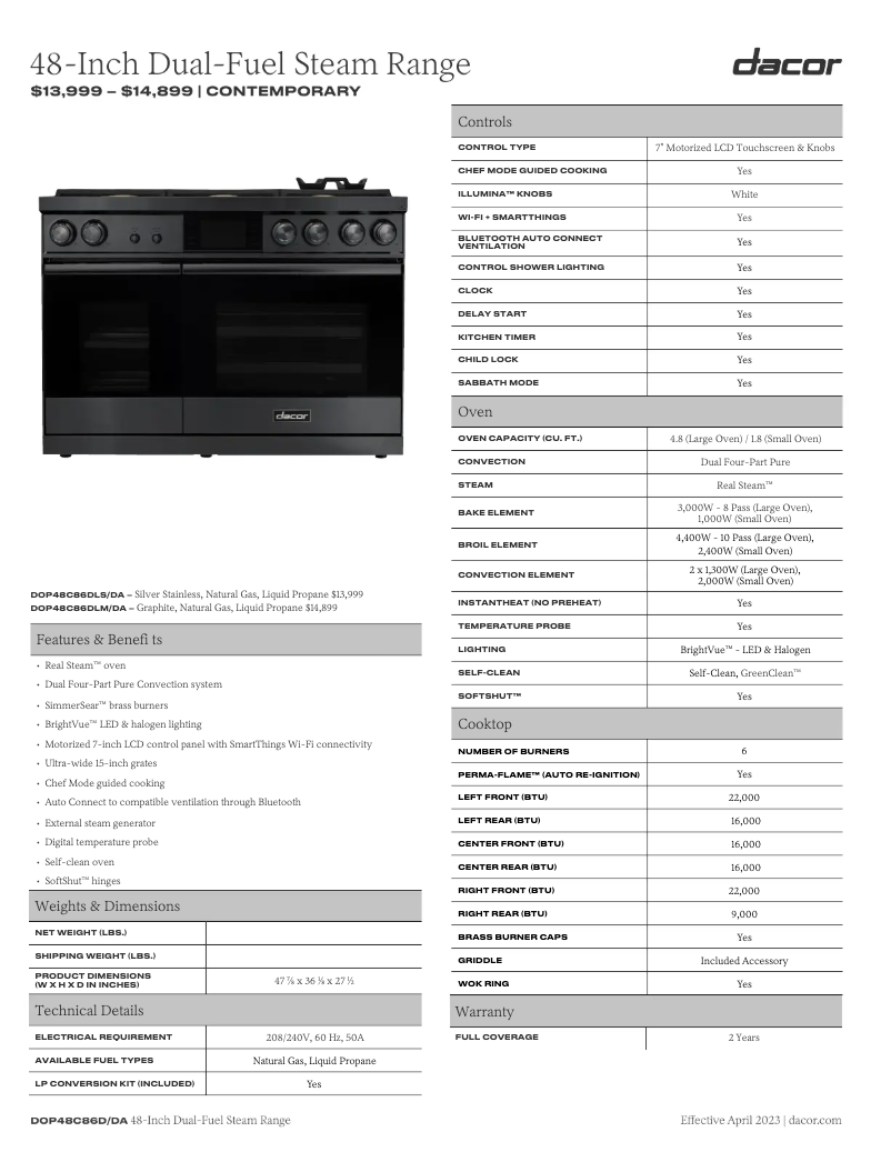 Page n°1 - Fiche technique Dacor DOP48C86DLS