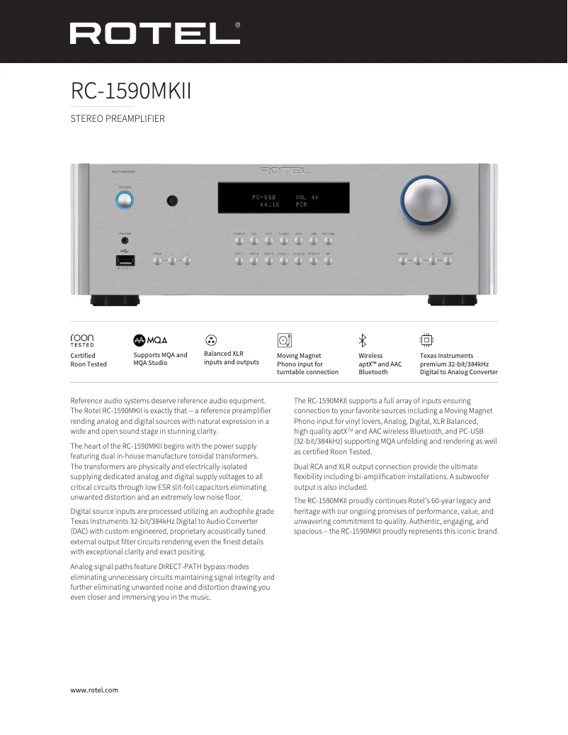 Page n°1 - Fiche technique Rotel RC‑1590 MKII
