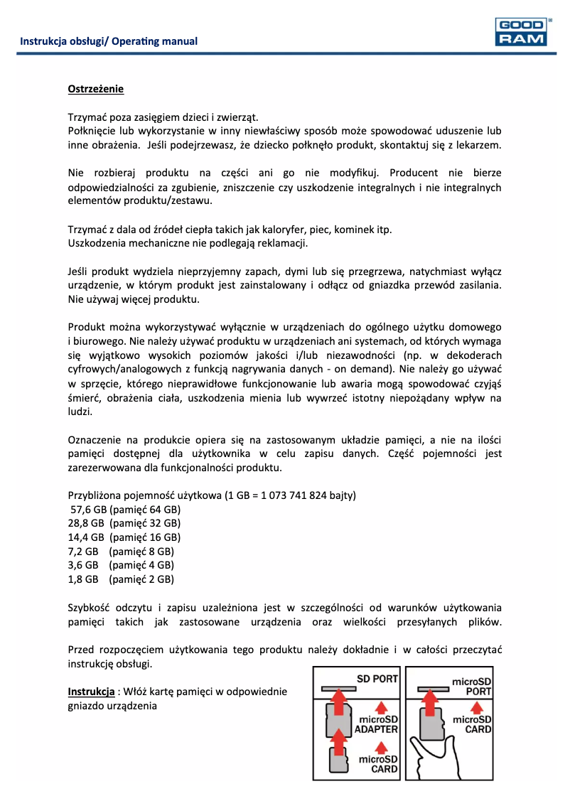 Page 1 de la notice Manuel utilisateur Goodram microSDHC Class 10 UHS I