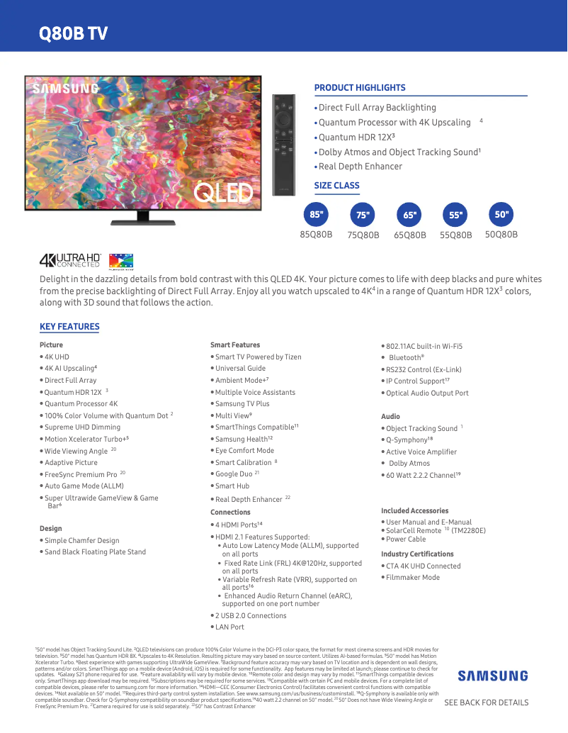 Page 1 de la notice Fiche technique Samsung QN55Q80B