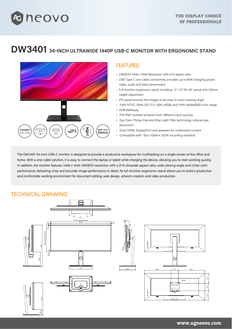 Page 1 de la notice Fiche technique AG Neovo DW3401
