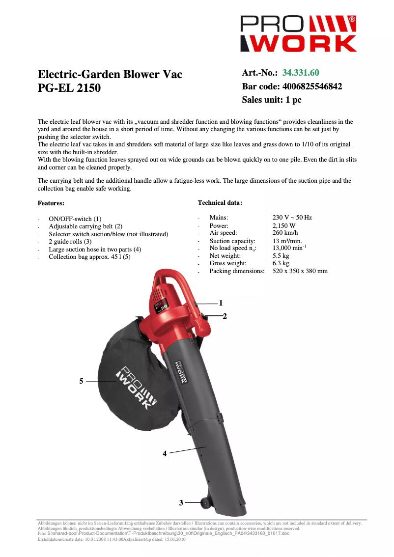 Page 1 de la notice Manuel utilisateur Prowork PG-EL 2150