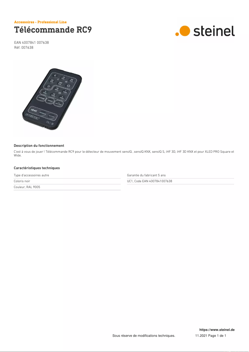 Page 1 de la notice Fiche technique Steinel RC9